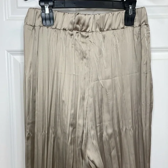 Zara Satin Pants Large Taupe Wide Leg Elastic Waist Lightweight Wrinkle Effect - Picture 9 of 16